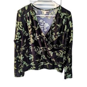 Emaline Sweater Sz M Black Green Paisley Surplice V-Neckline Top Cozy Normcore